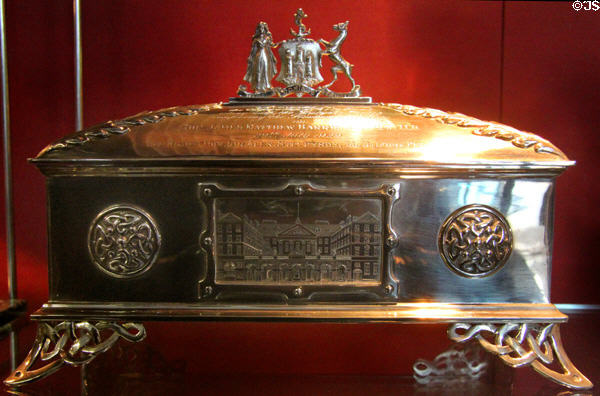Silver freedom casket given to James Barrie, author of Peter Pan (1928-9) by Hamilton & Inches of Edinburgh at Museum of Edinburgh. Edinburgh, Scotland.