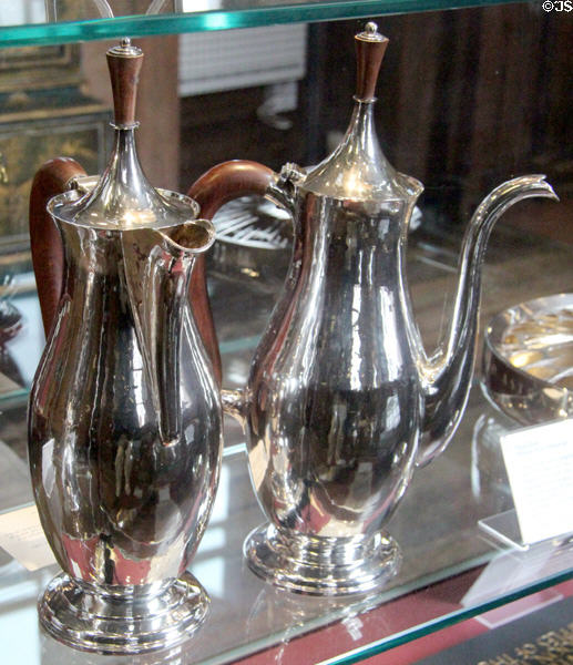 Silver coffee pot & water jug (1950) by Ian Davidson of Edinburgh at Museum of Edinburgh. Edinburgh, Scotland.