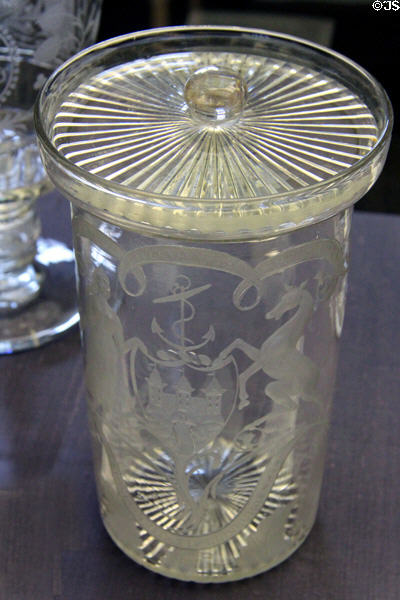 Engraved glass jar (1808) found buried in demolished foundation stone of New Jail on High Street at Museum of Edinburgh. Edinburgh, Scotland.