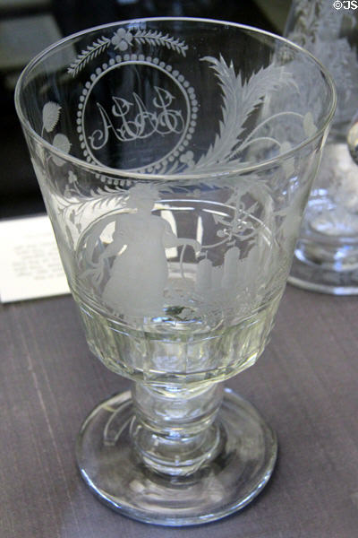 Glass goblet engraved with Edinburgh coat of arms (1844) by unknown at Museum of Edinburgh. Edinburgh, Scotland.
