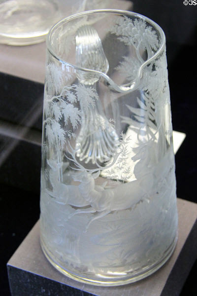 Glass pitcher engraved with deer (19thC) by Ford family of Edinburgh at Museum of Edinburgh. Edinburgh, Scotland.