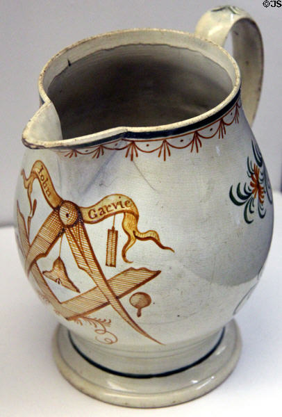 Creamware jug with Masonic emblem (c1790) attrib. East Coast Potteries at Museum of Edinburgh. Edinburgh, Scotland.
