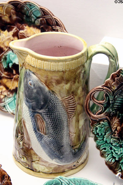 Earthenware pitcher decorated with fish (late 19thC) by Charles Belfield & Co. of Prestonpans, Scotland at Museum of Edinburgh. Edinburgh, Scotland.