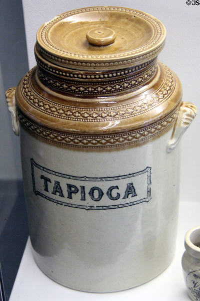 Stoneware tapioca storage jar (late 19thC) by W.A. Gray & Sons of Portobello, Scotland at Museum of Edinburgh. Edinburgh, Scotland.