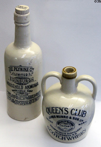 Stoneware bottles for ammonia & whiskey (mid 20thC) by A.W. Buchnan of Portobello, Scotland at Museum of Edinburgh. Edinburgh, Scotland.