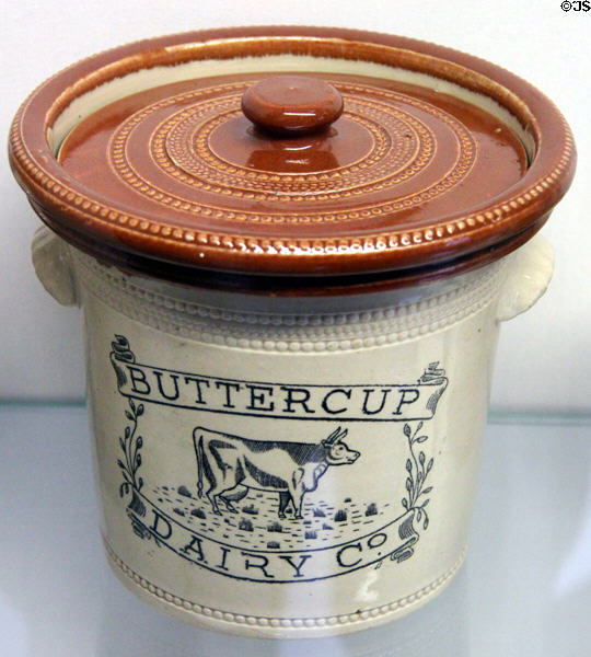 Stoneware Buttercup Dairy Co. covered vat (20thC) by A.W. Buchnan of Portobello, Scotland at Museum of Edinburgh. Edinburgh, Scotland.