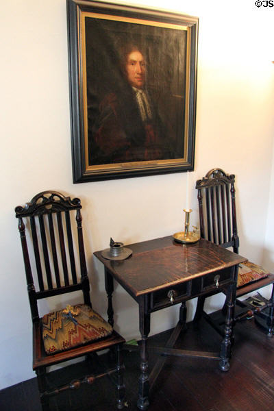 Portrait of Sir Alexander Seton over table & side chairs at Gladstone's Land tenement house. Edinburgh, Scotland.