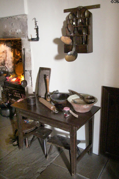 Kitchen table with bowls & tools at Gladstone's Land tenement house. Edinburgh, Scotland.
