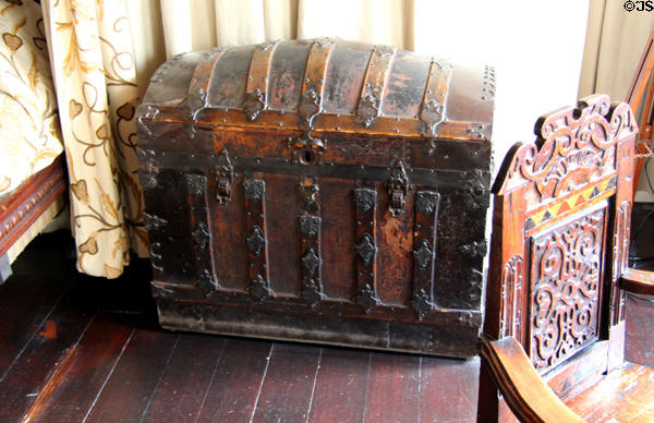 Wooden trunk (17thC) in painted chamber at Gladstone's Land tenement house. Edinburgh, Scotland.