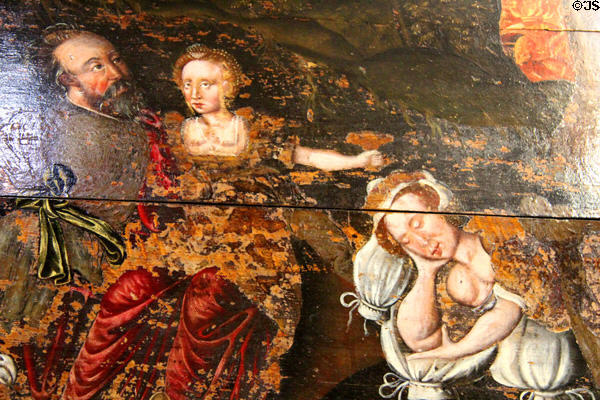 Painted ceiling panel shows Daughters of Lot (16thC) from Dean House Edinburgh building at John Knox House. Edinburgh, Scotland.