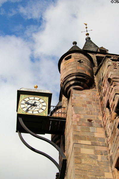 Cantilevered clock (1884) on tower of Canongate Tollbooth. Edinburgh, Scotland.