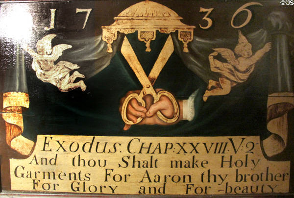 Arms of corporation of tailors of East Portsburgh (1736) at People's Story Museum. Edinburgh, Scotland.