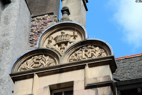 Crest with SR initials atop Lady Stair's House Writers' Museum. Edinburgh, Scotland.
