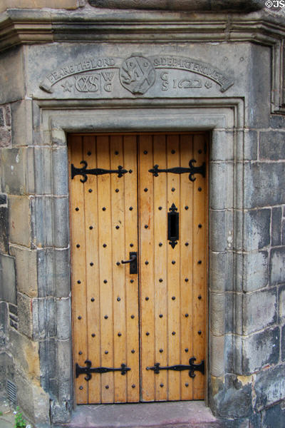 Sculpted door surround (1622) new entrance of Writers' Museum. Edinburgh, Scotland.