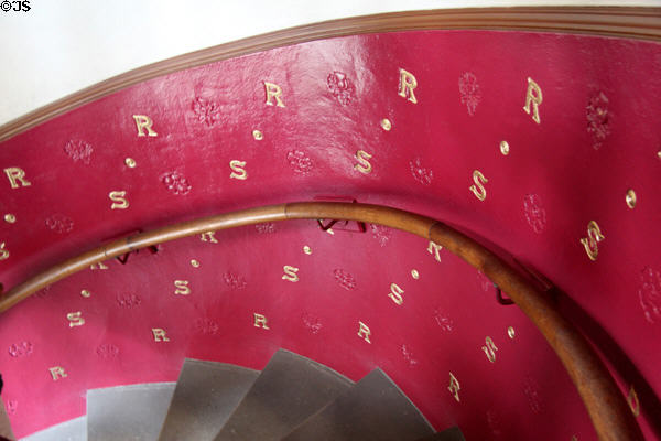 Writer initials decorate spiral staircase at Writers' Museum. Edinburgh, Scotland.