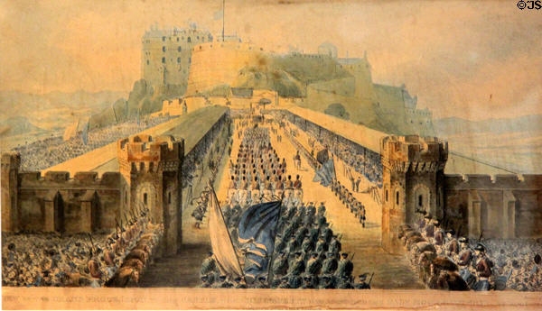 View showing royal procession organized by Sir Walter Scott arriving at Edinburgh Castle (Aug. 22, 1822) engraving by W.H. Lizars for Oliver & Boyd of Edinburgh at Writers' Museum. Edinburgh, Scotland.
