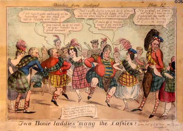 Political cartoon(1822) by I.W. Turst satirize King George IV visit to Scotland at Writers' Museum. Edinburgh, Scotland.