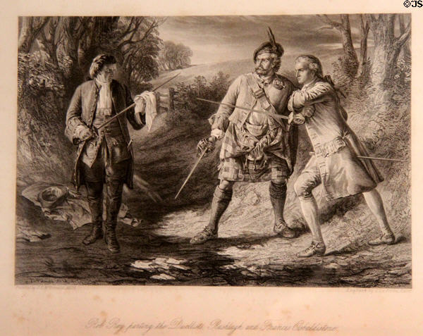 Rob Roy parting duelists engraving (c1817) by John Le Conte after painting by John B. Macdonald for Scott's novel at Writers' Museum. Edinburgh, Scotland.