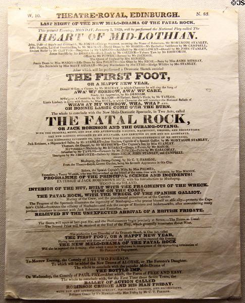 Playbill for Theatre Royal performance of Scott's Heart of Midlothian (1829) at Writers' Museum. Edinburgh, Scotland.