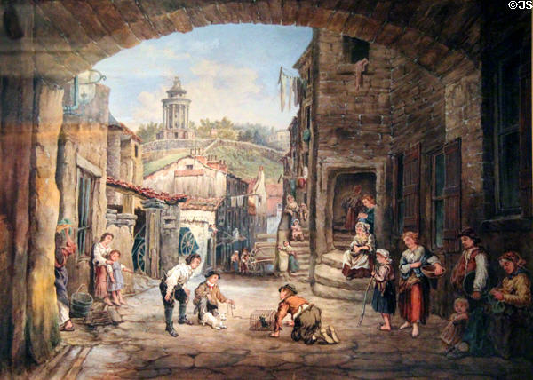 Robert Burns monument from Campbell's Close, Canongate watercolor by John Bell at Writers' Museum. Edinburgh, Scotland.