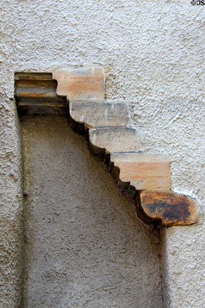 Stone step projecting outside wall of Lady Stair's Close building shows Scottish burglar alarm with steps of different heights to trip up intruders in the interior darkness. Edinburgh, Scotland.