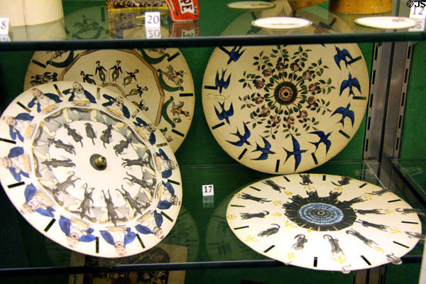 British Phenakistiscope disks (c1840) with which moving figures are viewed by looking through slots at series of images reflected in a mirror (aka Tantascope, Fantascope, Phantamascope, Magic Disc or kaleidorama - invented in both Ghent & Vienna in 1831) at Museum of Childhood. Edinburgh, Scotland.