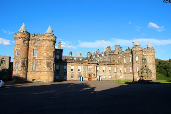 Holyrood Palace which incorporates tower (left) (1528), neoclassical extension (1670s) & features from restorations under Queen Victoria. Edinburgh, Scotland.