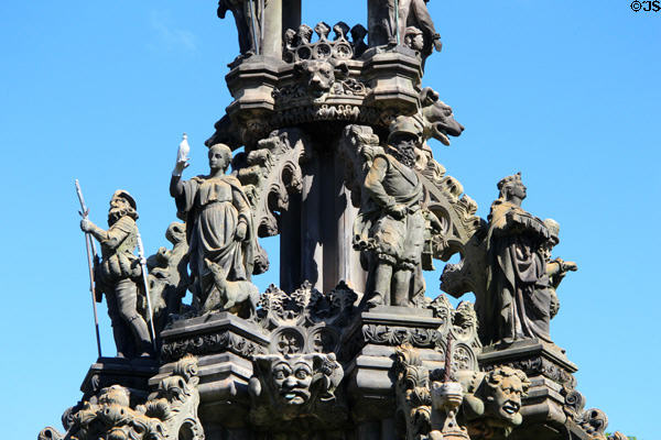 Ring of figures around crown of Holyrood Palace fountain. Edinburgh, Scotland.