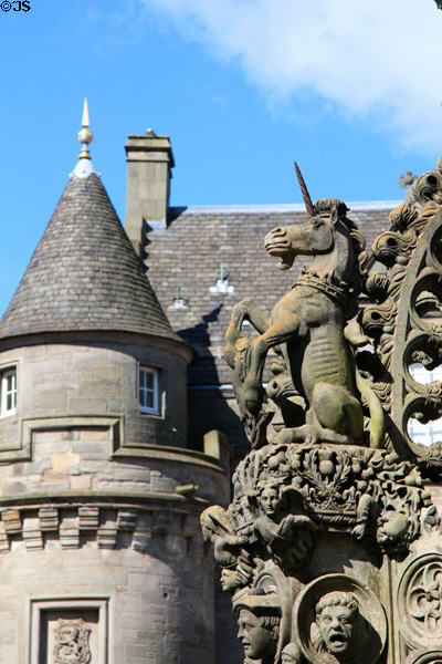 Unicorn on Holyrood Palace fountain. Edinburgh, Scotland.