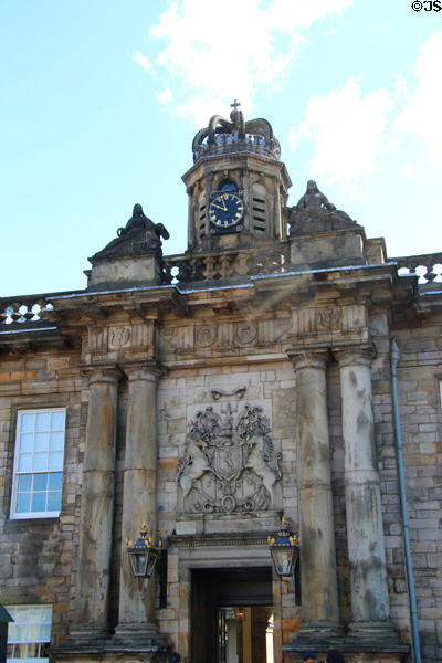 Formal entrance to Holyrood Palace (1670s) with Royal Arms of Scotland. Edinburgh, Scotland. Architect: William Bruce.