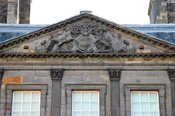 Royal arms in pediment of central courtyard at Holyrood Palace. Edinburgh, Scotland.