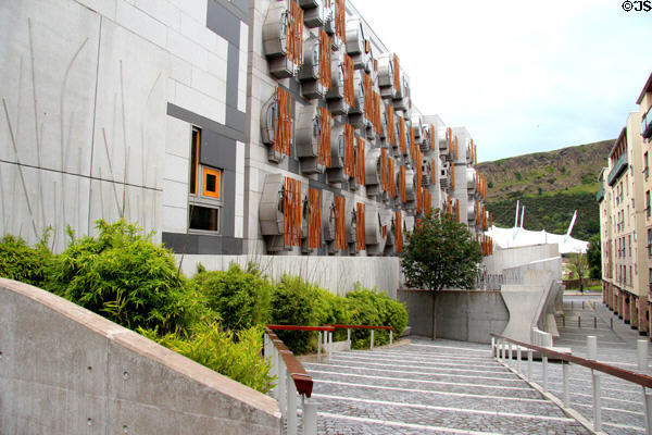Rear wall over courtyard with steps at Scottish Parliament. Edinburgh, Scotland.