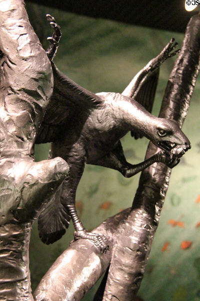 Model of Archaeopteryx flying dinosaur with feathers, an early bird, at Our Dynamic Earth. Edinburgh, Scotland.