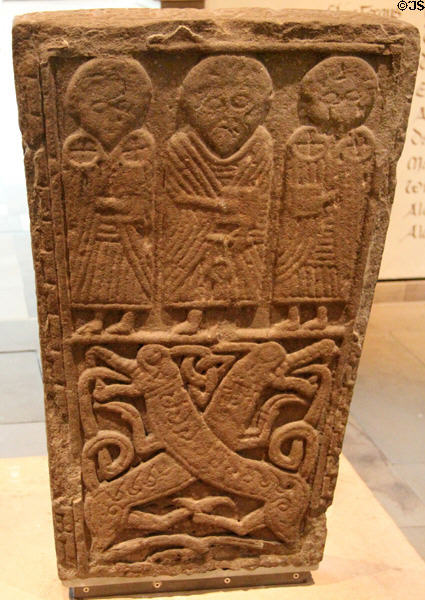 Sandstone cross-slab carving (9thC) from Invergowrie, Angus at National Museum of Scotland. Edinburgh, Scotland.