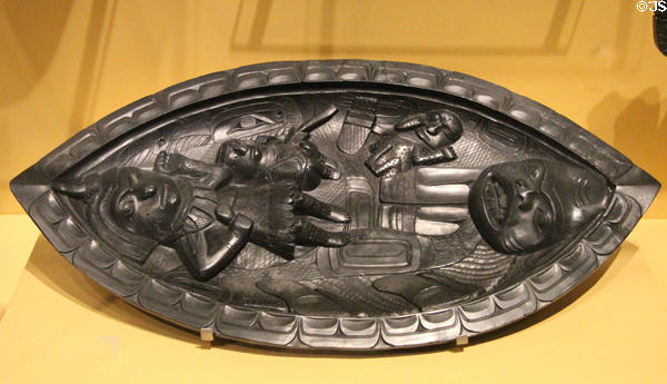 Haida natives high relief argillite platter (late 19thC) from British Columbia, Canada at National Museum of Scotland. Edinburgh, Scotland.