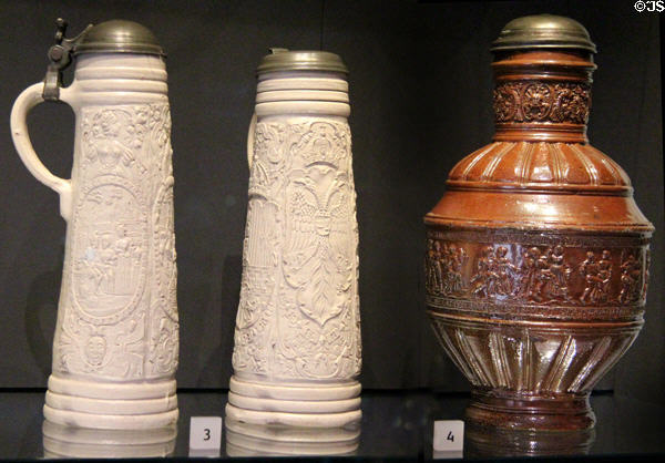 Stoneware tankards (16thC) from Germany at National Museum of Scotland. Edinburgh, Scotland.