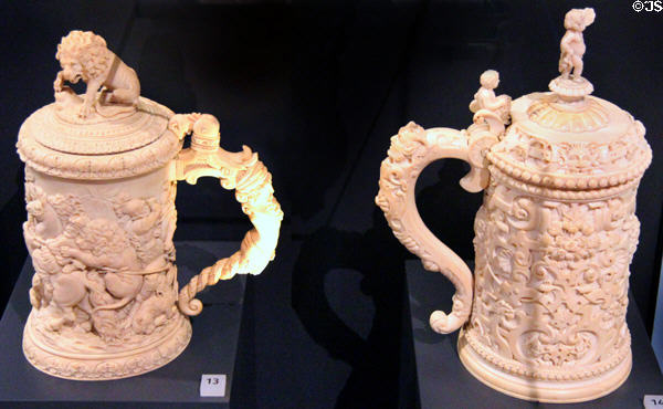 Sculpted tankards (mid 19thC) from Germany at National Museum of Scotland. Edinburgh, Scotland.