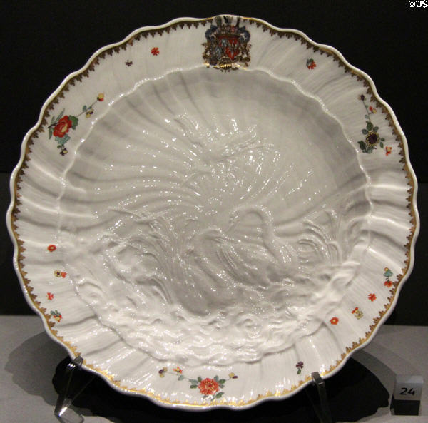 Porcelain plate from swan service (c1738-40) from Meissen, Germany at National Museum of Scotland. Edinburgh, Scotland.