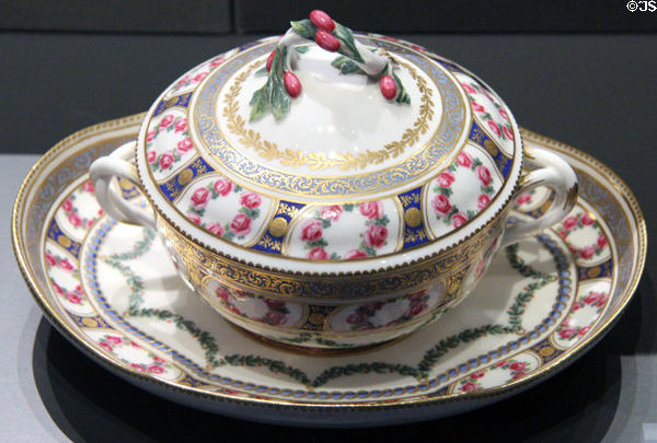 Porcelain covered bowl on plate (1770) from Sèvres, France at National Museum of Scotland. Edinburgh, Scotland.