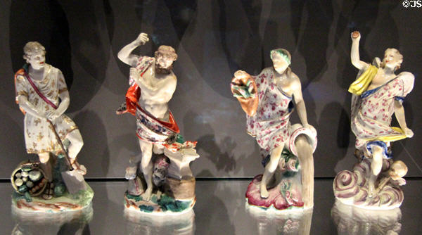 Porcelain figures representing four elements (c1772) from Bristol, England at National Museum of Scotland. Edinburgh, Scotland.
