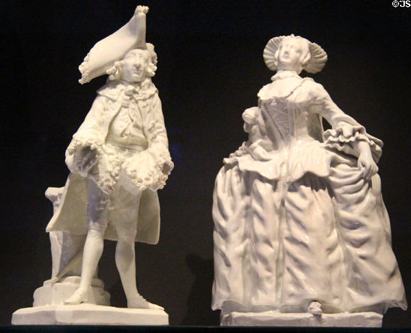 Porcelain figures representing actors Henry Woodward & Kitty Clive in play by David Garrick (c1750-2) from Bow, London at National Museum of Scotland. Edinburgh, Scotland.