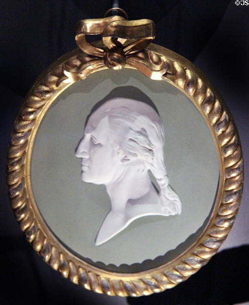 Jasperware plaque with bust of George Washington after art by Jean-Antoine Houdon (late 18th or early 19thC) by Josiah Wedgwood & Sons at National Museum of Scotland. Edinburgh, Scotland.
