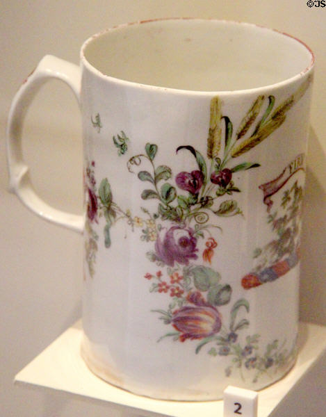 Over Hailes mug (c1770) by William Littler's West Pans Pottery of East Lothian, Scotland's first porcelain factory at National Museum of Scotland. Edinburgh, Scotland.