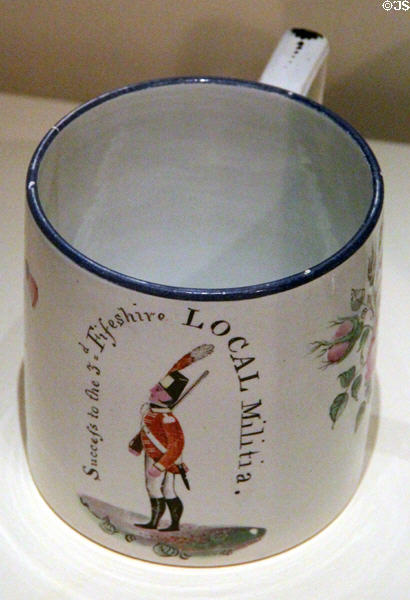 Success to the 3rd Regiment Fifeshire Local Militia earthenware mug at National Museum of Scotland. Edinburgh, Scotland.