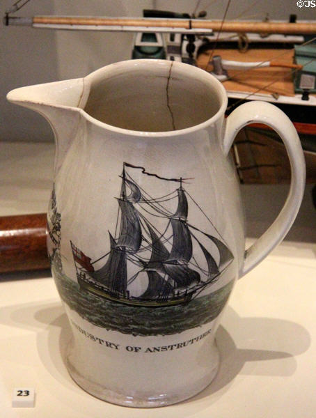 Earthenware pitcher (c1800) prob. from Liverpool, England with design of merchant ship Industry of Anstruther at National Museum of Scotland. Edinburgh, Scotland.