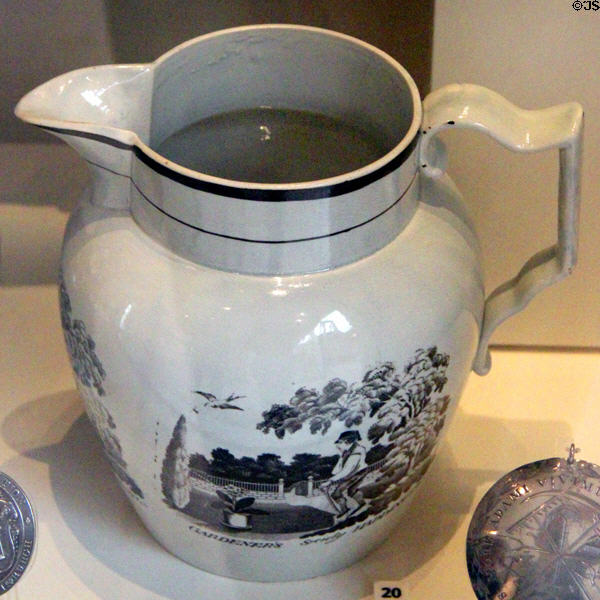 Earthenware jug inscribed Gardener's Society. Haddington (c1818) by Rathbone's Pottery of Portobello near Edinburgh at National Museum of Scotland. Edinburgh, Scotland.