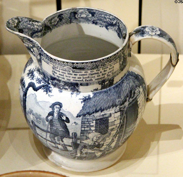 Earthenware jug with scene & verse from Allan Ramsay's poem Gentle Shepherd (c1820s) by Hamilton Watson & Co. at National Museum of Scotland. Edinburgh, Scotland.