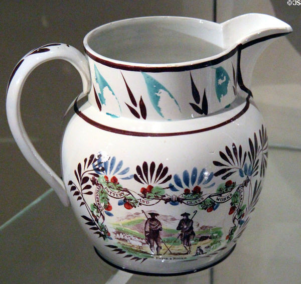 Creamware jug with Patie & Roger of Allan Ramsay's Poem "Gentle Shepherd" illustrated by David Allan (c1820) by Verreville Pottery & Glass of Finnieston on Clyde at National Museum of Scotland. Edinburgh, Scotland.