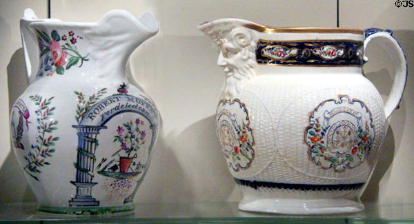 Porcelain jugs for Robert Moffat gardeners (1827) & with coat of arms (1822) by William Reid of Musselburgh at National Museum of Scotland. Edinburgh, Scotland.
