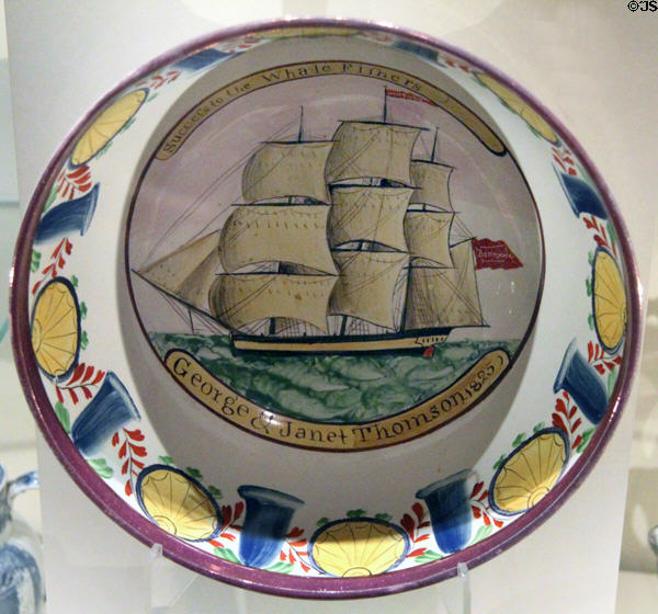 Earthenware punchbowl shows whaling ship inscribed "Success to Whale Fishers - George & Janet Thomson (1825) prob. by Thomas Rathbone's Pottery at National Museum of Scotland. Edinburgh, Scotland.